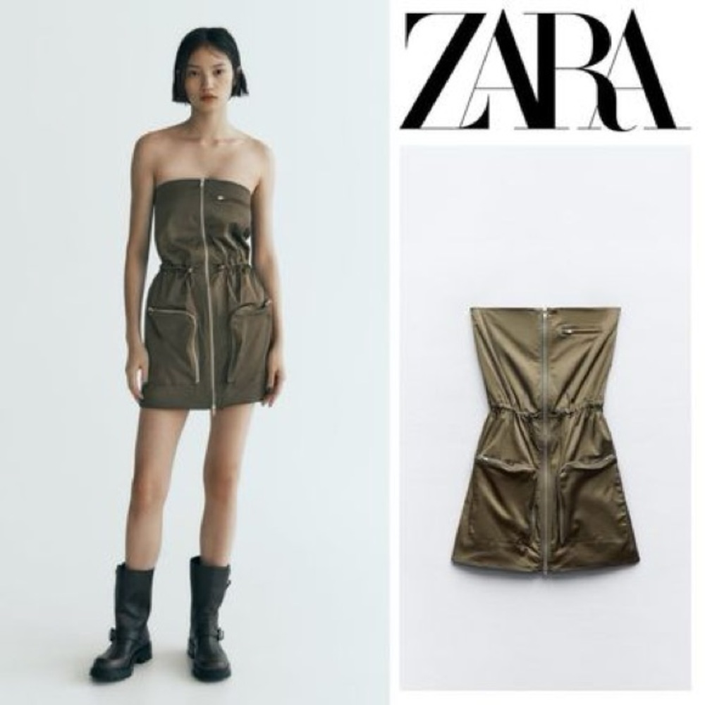 New Zara Strapless Khaki Cargo Mini Short Dress 2712/231 Small